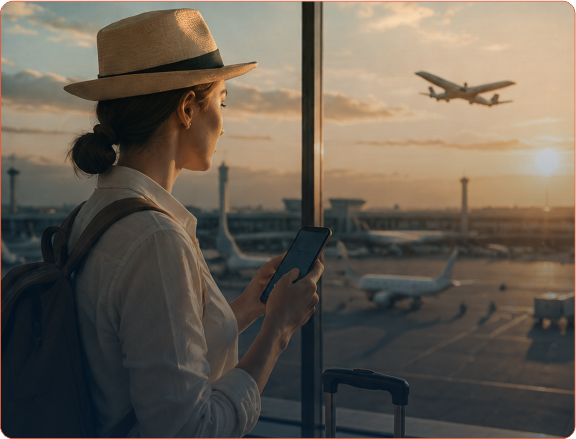 Viajante em aeroporto ao pôr do sol